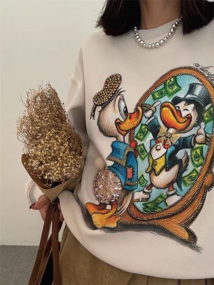 Samysfashionhouse 2024 new autumn and winter sweatshirts for women goods heavy industry cartoon Donald Duck foreign style loose mid-length tops and jackets hoodie sweatshirts trendy SAM60