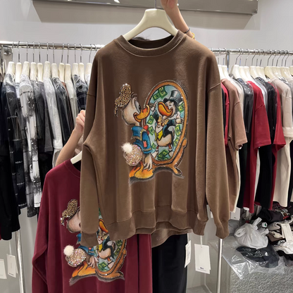 Samysfashionhouse 2024 new autumn and winter sweatshirts for women goods heavy industry cartoon Donald Duck foreign style loose mid-length tops and jackets hoodie sweatshirts trendy SAM60