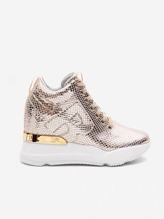 Hot seling gold shoe popular women's shoes snake pattern g leather thick sole inner height increase 9cm casual shoes small women's shoes SAM65