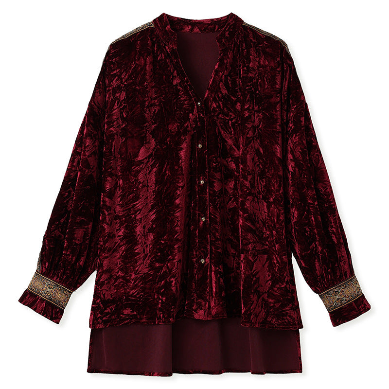 Mexican Style Wrinkled Bronzing Ethnic Style Velvet Shirt  Long-Sleeved Top for Women SAM709