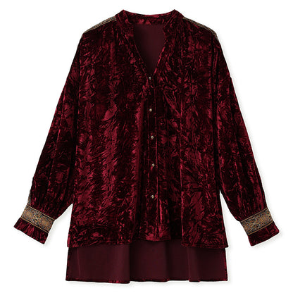 Mexican Style Wrinkled Bronzing Ethnic Style Velvet Shirt  Long-Sleeved Top for Women SAM709