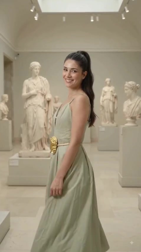 Model in sage green dress wearing gold sculpted face buckle belt — side view
