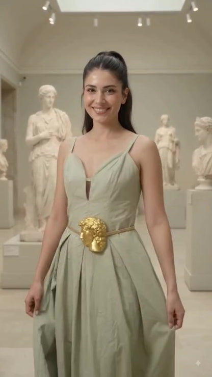 Model in sage green dress wearing gold sculpted face buckle belt — front view