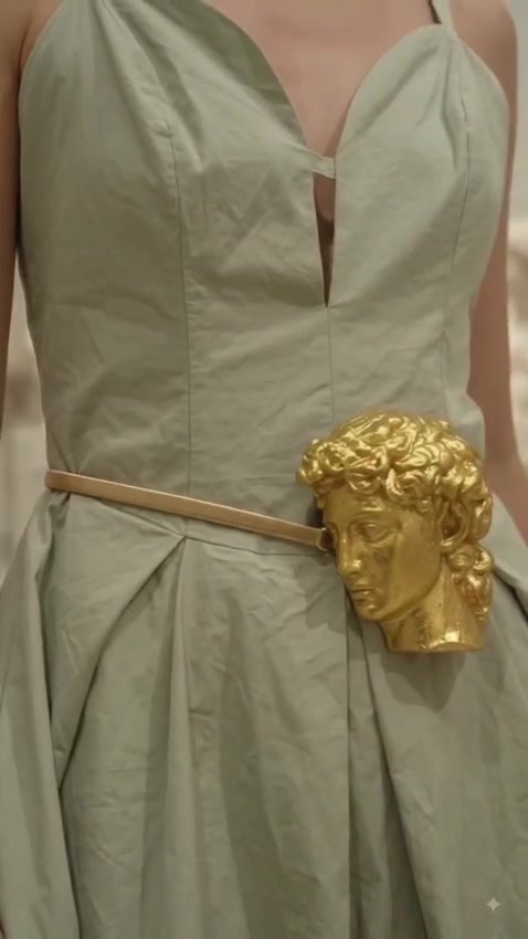 Close-up of gold sculpted face buckle belt on sage green dress