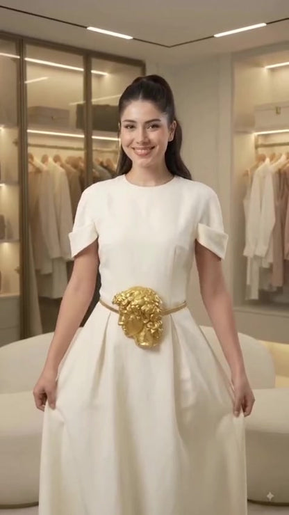 Model in ivory dress wearing gold sculpted face buckle belt — full length