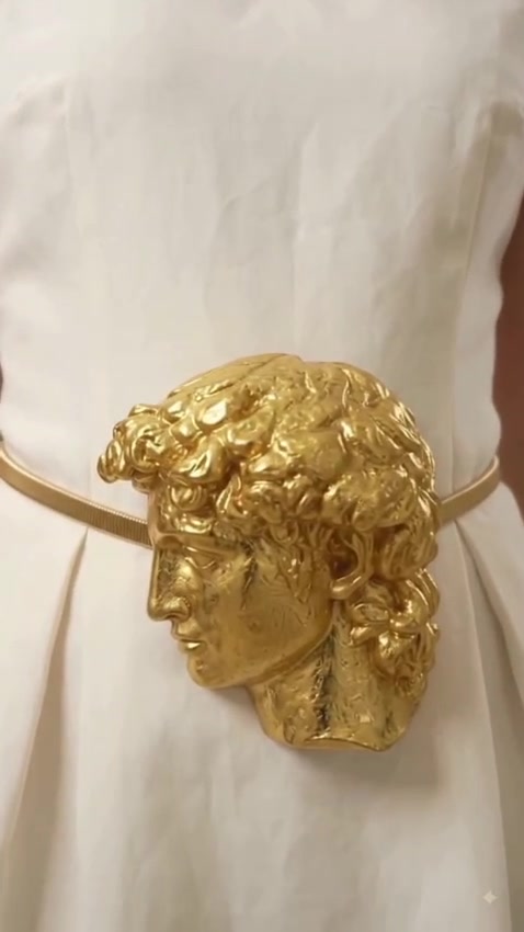 Close-up of gold sculpted face buckle belt on ivory dress