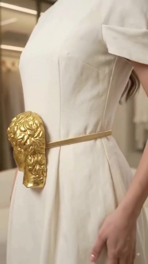 Side detail of gold sculpted face buckle belt on ivory dress