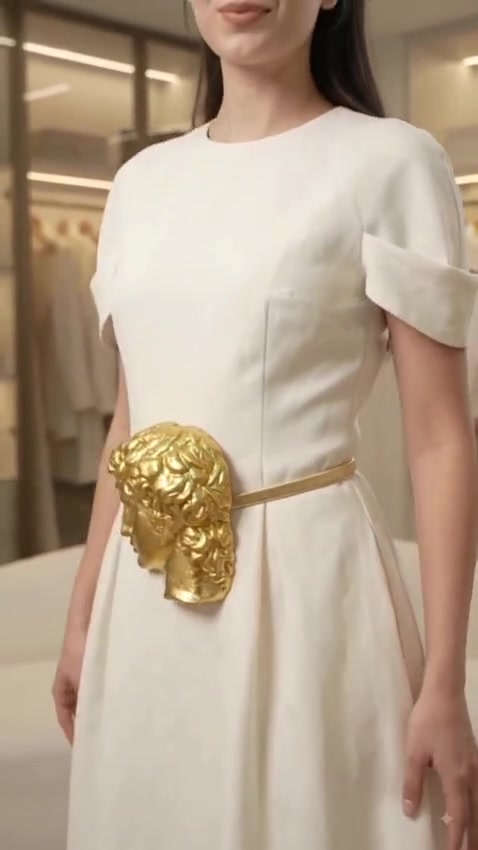 Model in ivory dress wearing gold sculpted face buckle belt — cropped view