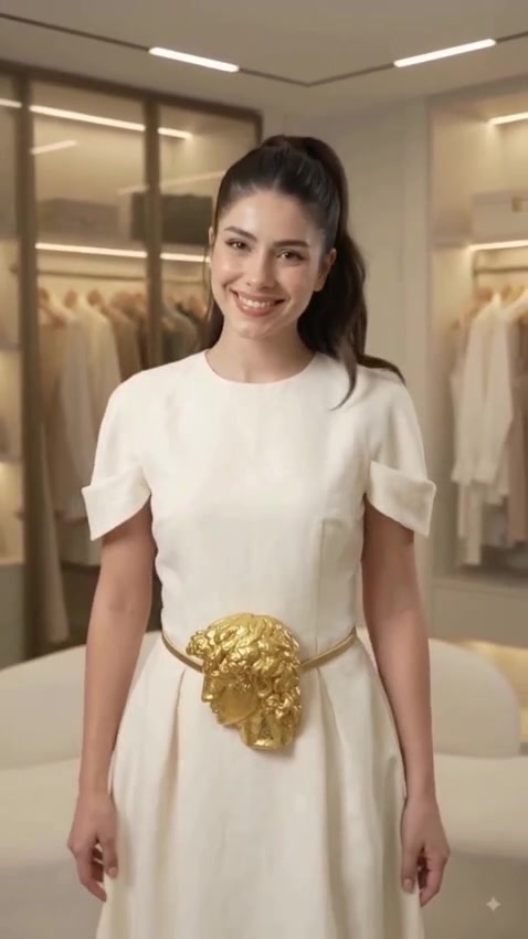 Model wearing gold sculpted face buckle belt — close portrait