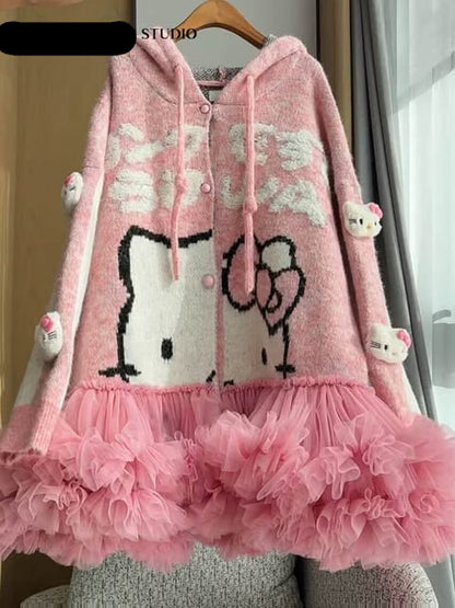 Cute Cartoon Hooded Sweater Dress for Women – Pink Knitted Winter Dress with Ruffle Hem SAM1019