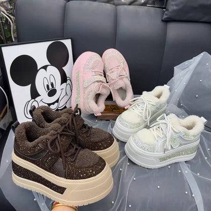 Rhinestone plush-lined chunky platform sneakers in pink, white and brown