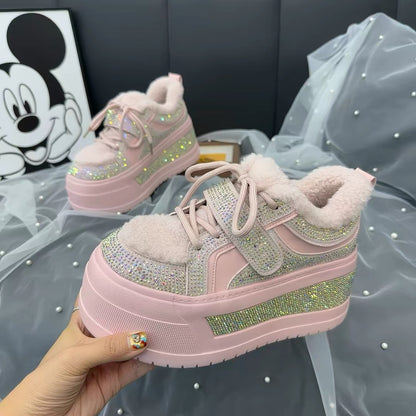 Pink rhinestone chunky platform sneaker with soft plush lining