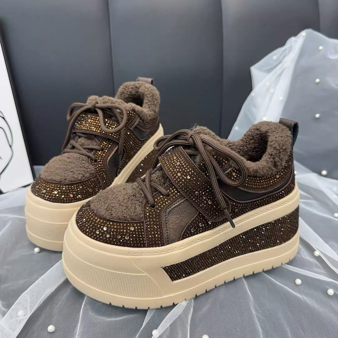 Brown rhinestone chunky platform sneaker with soft plush lining