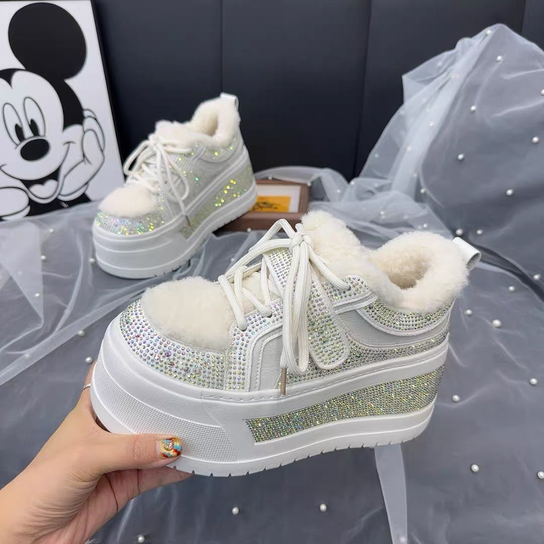 White rhinestone chunky platform sneaker with soft plush lining