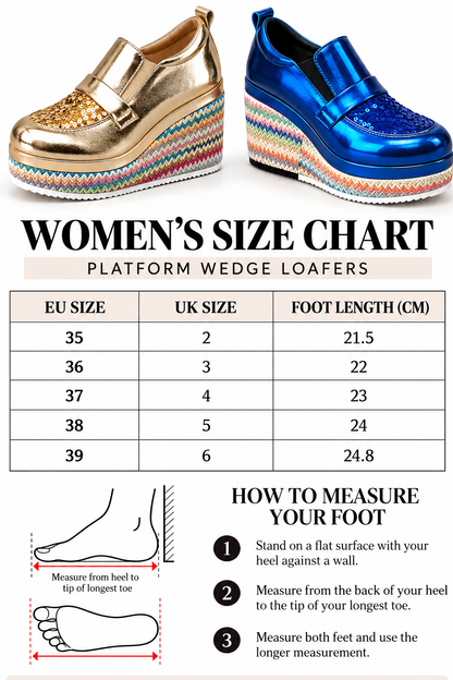 Women's platform wedge loafers EU 35–39 size chart with UK sizes, foot lengths and measuring instructions; contact us to confirm EU 34 sizing