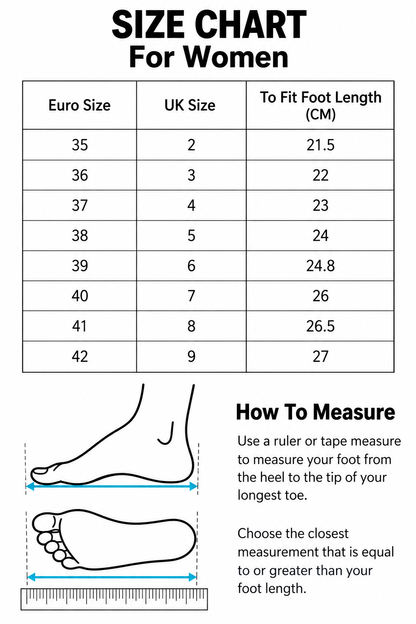 Women's shoe size chart: EU and UK sizes with foot length in centimeters