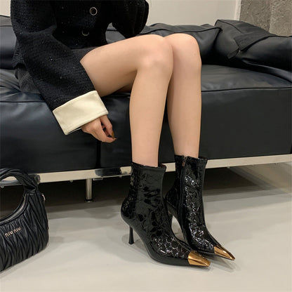 Metallic Gold Pointed Toe Ankle Boots with Metal Cap Heel | Women's Glamour Boots SAM401