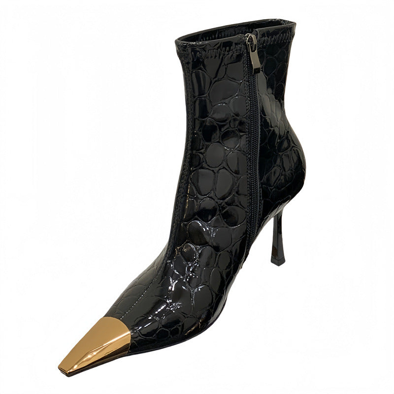 Metallic Gold Pointed Toe Ankle Boots with Metal Cap Heel | Women's Glamour Boots SAM401