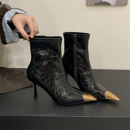 Metallic Gold Pointed Toe Ankle Boots with Metal Cap Heel | Women's Glamour Boots SAM401